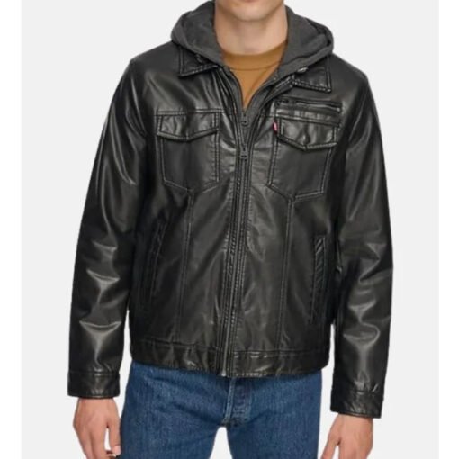 Black Hooded Leather Jacket - Image 2