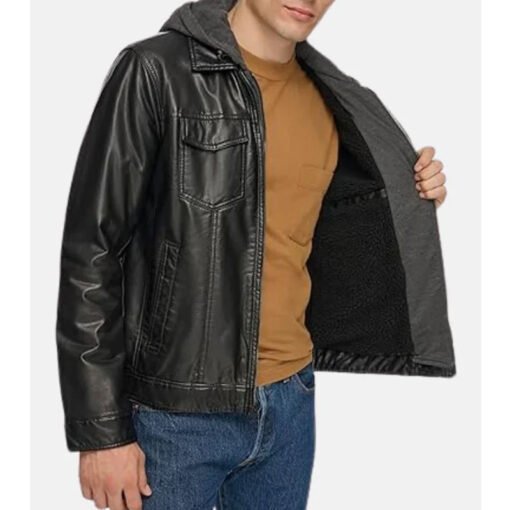 Black Hooded Leather Jacket - Image 3