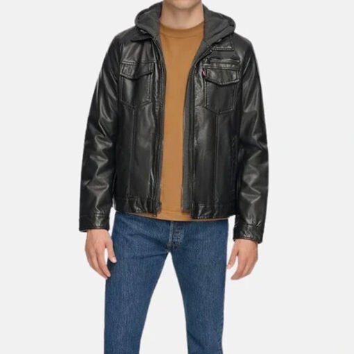 Black Hooded Leather Jacket - Image 4