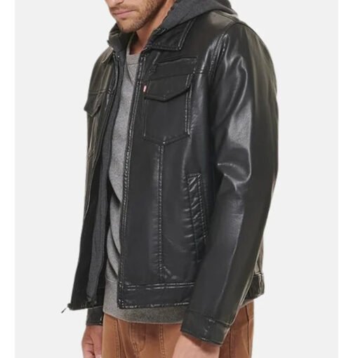Black Hooded Leather Jacket - Image 5