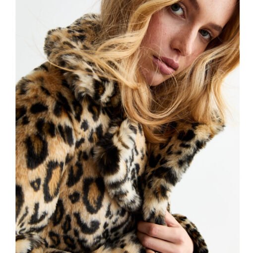 Brown Leopard Print Faux Fur Coat - Image 2