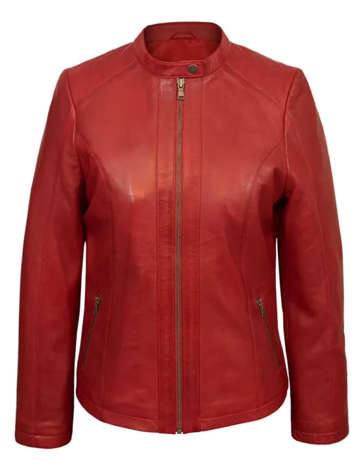 Cafe Racer Female Red Leather Jacket With Erect Style Collar