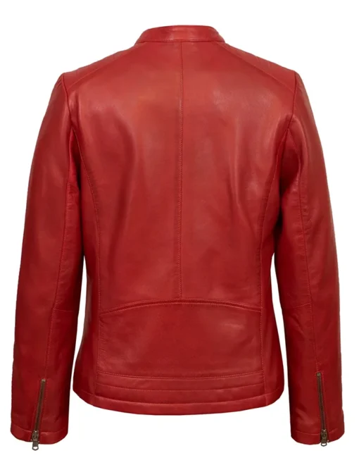 Cafe Racer Female Red Leather Jacket With Erect Style Collar - Image 2