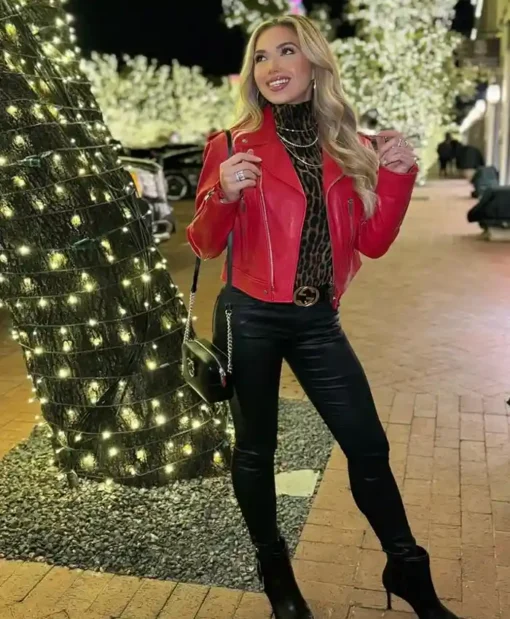 Gracie Hunt Red Biker Leather Jacket - Image 2