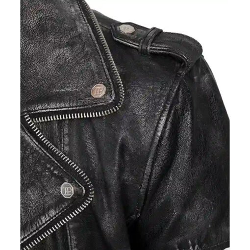Mens Black Leather Biker Jacket - Image 5
