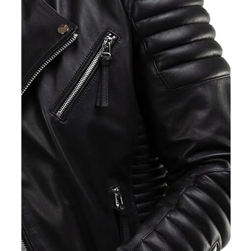 Casual Wear Quilted Black Leather Biker Jacket - Image 5