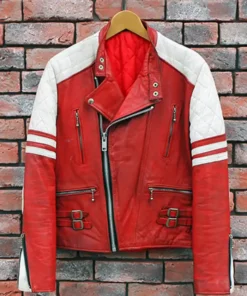 Classic Biker Red And White Leather Jacket