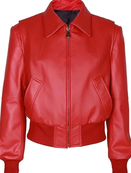 Classic Red Leather Bomber Jacket Women's Zipper Style Jacket