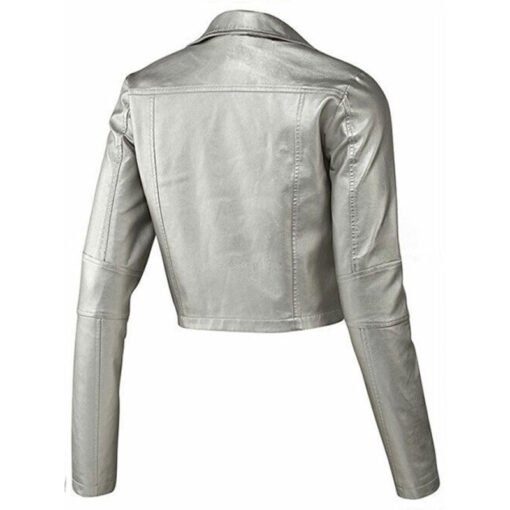 Women Biker Style Silver Leather Jacket - Image 2
