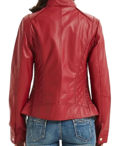 Women Red Biker Petite Leather Moto Jacket - Image 3