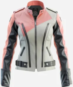 Women’s Ash Grey Pink Leather Bikers Jacket