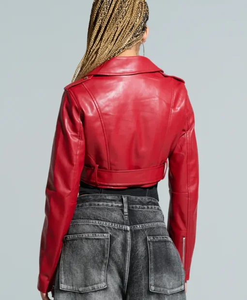Womens Red Essential Cropped Leather Moto Jacket - Image 4
