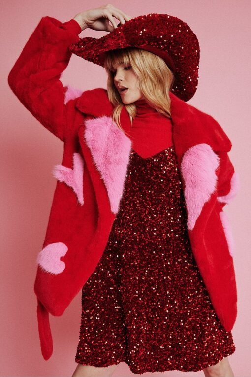 Faux Fur Coat with Love Heart Detailing