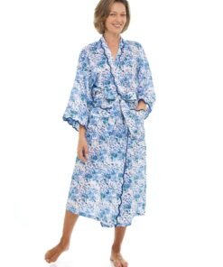 Pink Floral Kimono Robe with Scalloping