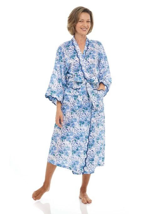 Pink Floral Kimono Robe with Scalloping